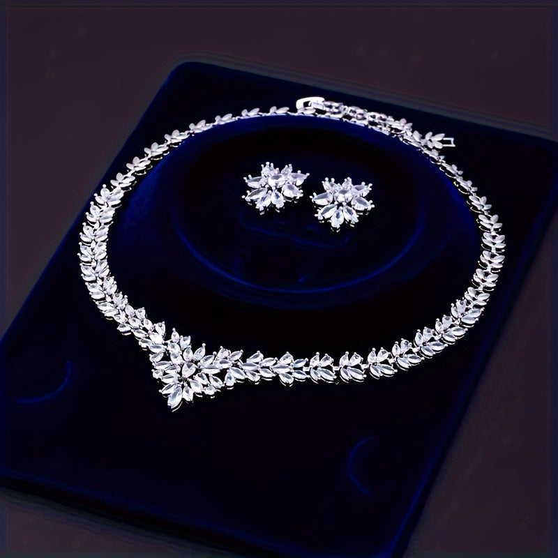 A 925 Sterling Silver Fashion Zirconia Flower Jewelry Set For Women, Necklace Earrings Set For Women'S Wedding Party Jewelry Gifts - With Gift Box