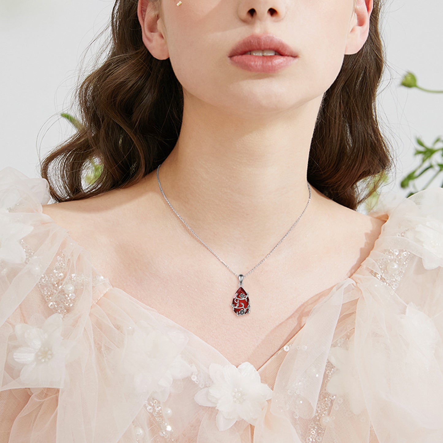 Vintage Flower Necklace S925 Sterling Silvery Red Faux Agate Pendant Faux Artificial Crystal Restoration Fine Jewelry Women's Gifts