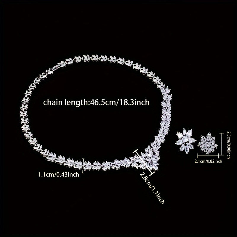 A 925 Sterling Silver Fashion Zirconia Flower Jewelry Set For Women, Necklace Earrings Set For Women'S Wedding Party Jewelry Gifts - With Gift Box