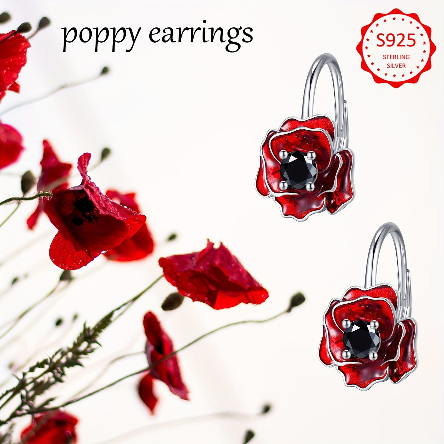 925 Sterling Silver Poppy Earrings Red Flower Earrings Leverback Earrings Poppy Jewelry