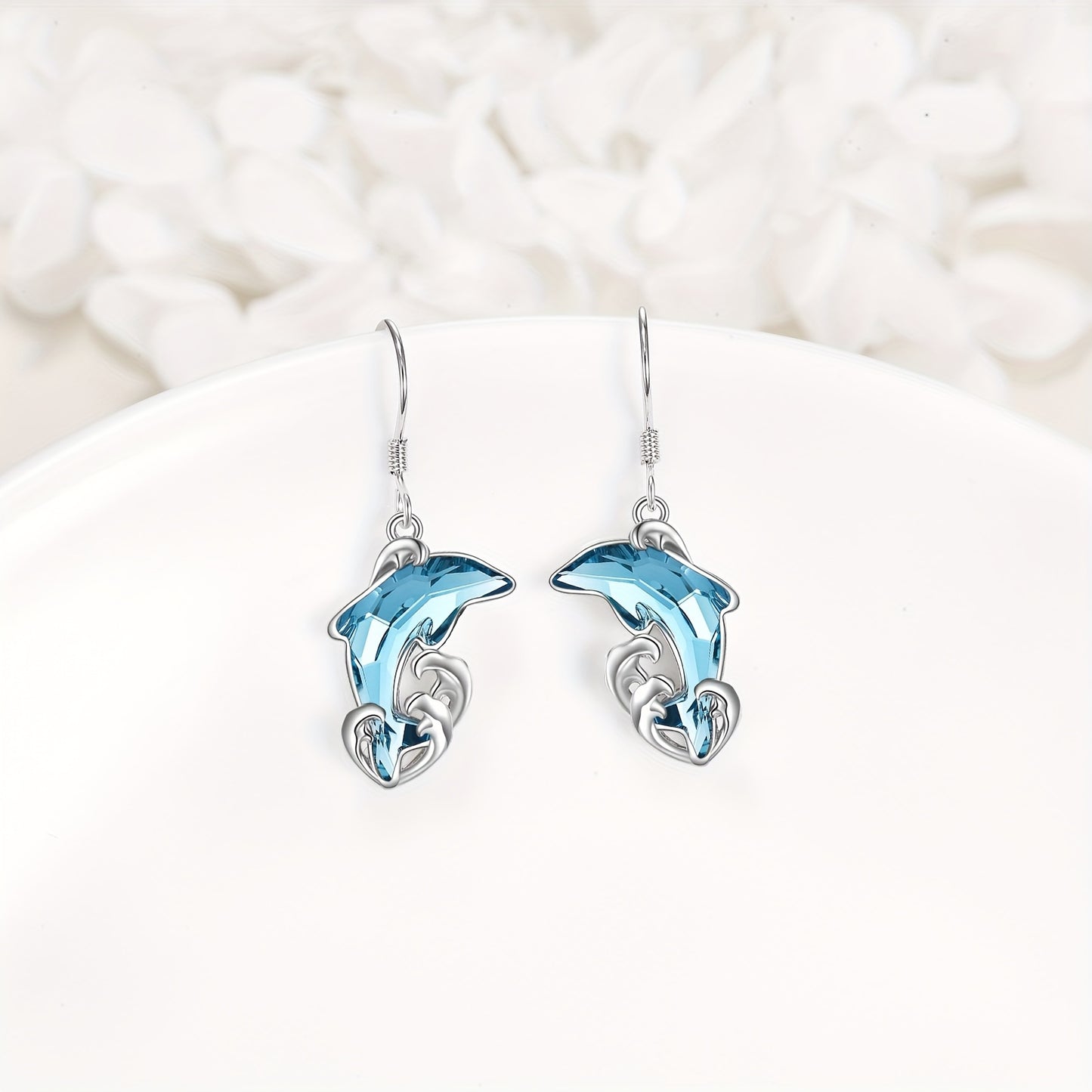 925 Pure Silvery Artificial Crystal Dolphin Pendant Earrings