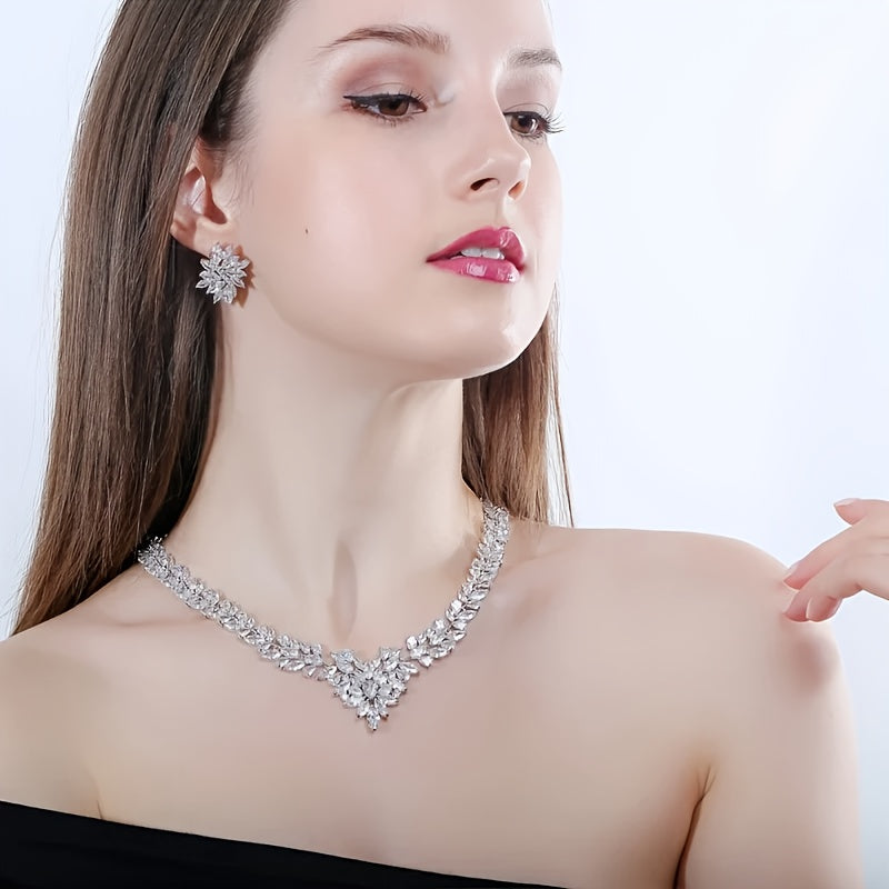 925 Silver, Flower Zirconia Jewelry Set Including Necklace And Earrings, Fashionable And Luxurious, Suitable for Weddings And Banquets, Gifts for Mothers, Wives, Female Friends, with Exquisite Gift Box