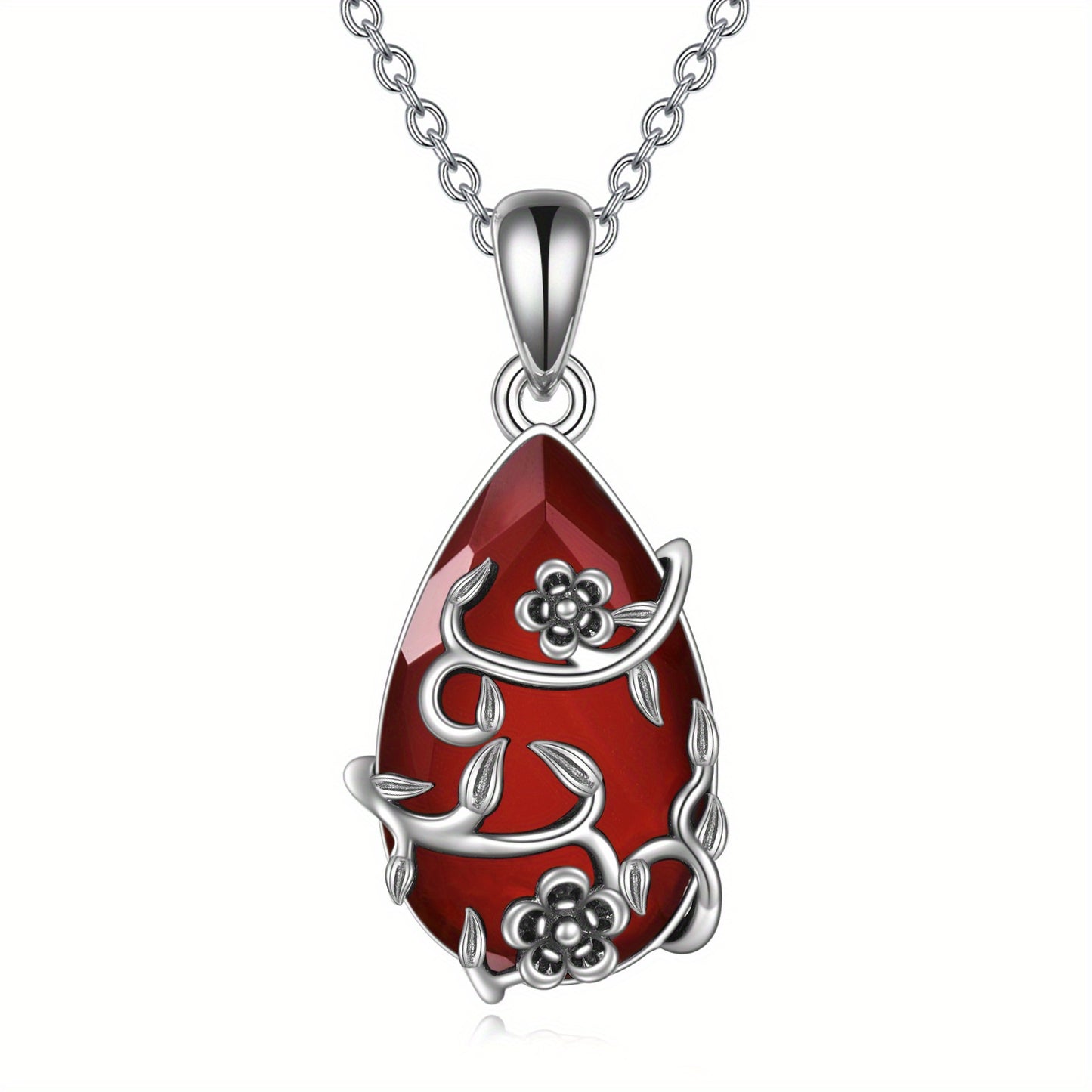 Vintage Flower Necklace S925 Sterling Silvery Red Faux Agate Pendant Faux Artificial Crystal Restoration Fine Jewelry Women's Gifts