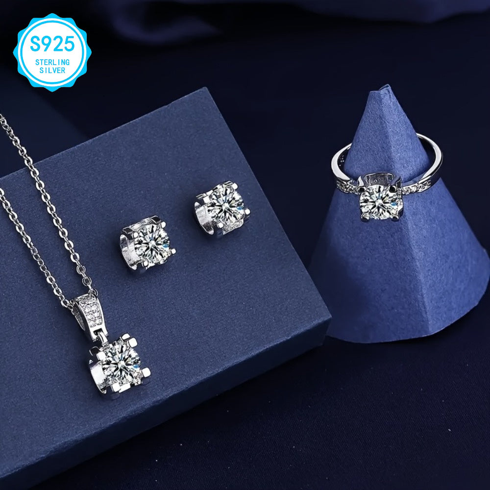 925 Sterling Silver Moissanite Jewelry Set, Easter Gifts for Women, Luxury Necklace Earrings Ring Set, Hypoallergenic Nickel Free, Party Wedding Jewelry | Elegant Gifts for Mom Wife Her