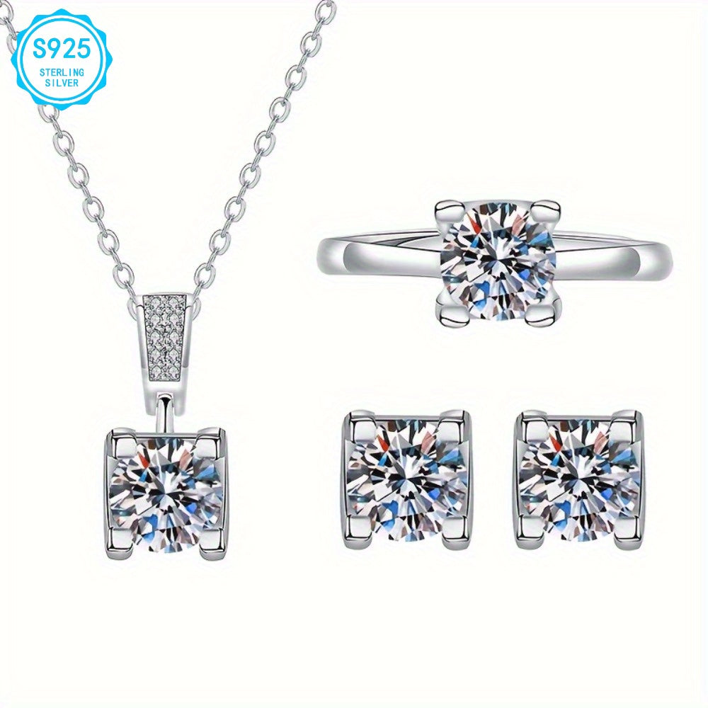 925 Sterling Silver Moissanite Jewelry Set, Easter Gifts for Women, Luxury Necklace Earrings Ring Set, Hypoallergenic Nickel Free, Party Wedding Jewelry | Elegant Gifts for Mom Wife Her