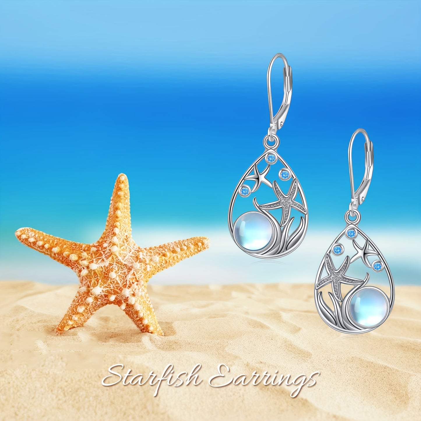 925 Sterling Silvery Starfish Moonstone Earrings Pair, Fashionable and Elegant Summer Beach Earrings, Individual Item