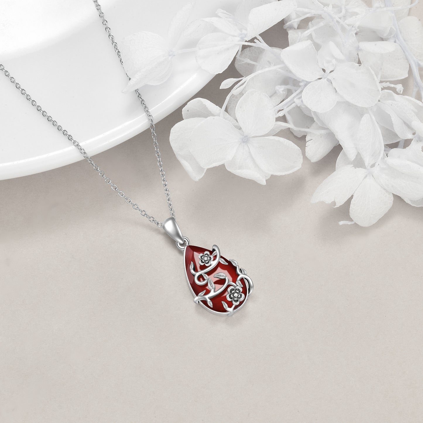 Vintage Flower Necklace S925 Sterling Silvery Red Faux Agate Pendant Faux Artificial Crystal Restoration Fine Jewelry Women's Gifts