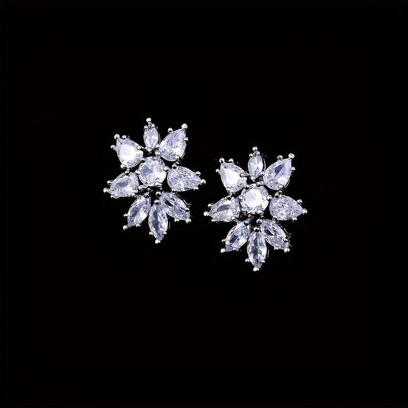 A 925 Sterling Silver Fashion Zirconia Flower Jewelry Set For Women, Necklace Earrings Set For Women'S Wedding Party Jewelry Gifts - With Gift Box
