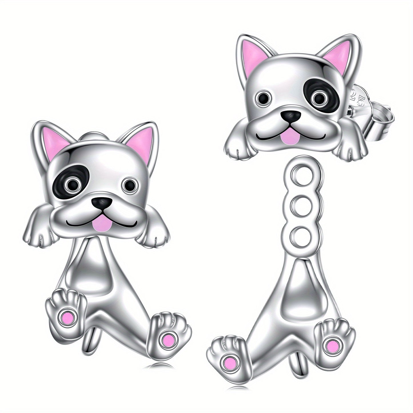 925 Sterling Silvery French Bulldog Dangle Earrings - Dual Layered Design, Synthetic Stone, Platinum Plated, All-Season Versatile Jewelry for Daily Wear & Gifting, Cute Earrings
