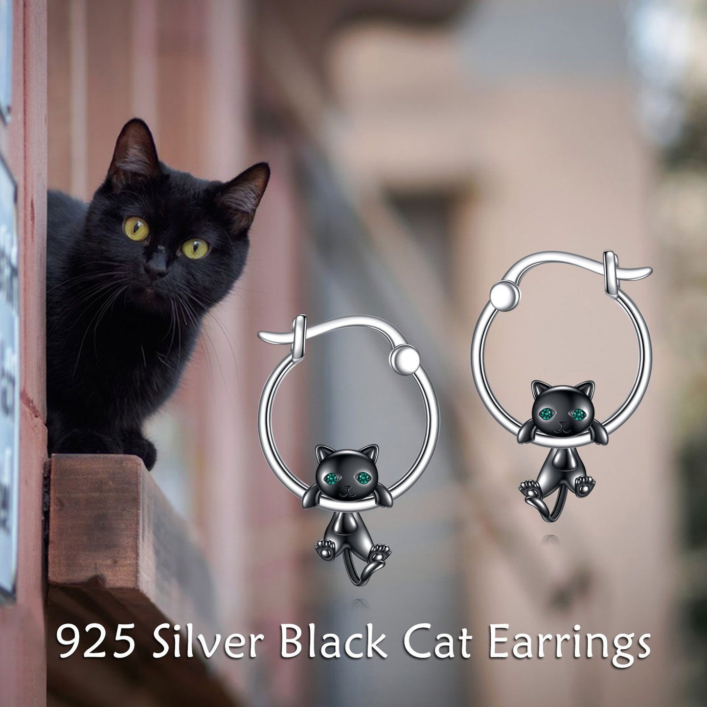 925 Sterling Silvery Black Cat Ear Dangle Earrings - Cute Cartoon Cat Design, Hypoallergenic Synthetic Stone, No Power Needed, Perfect for Daily Wear & Gift Giving, Cat Accessories, Casual Jewelry, Minimalist Jewelry, Durable Jewelry