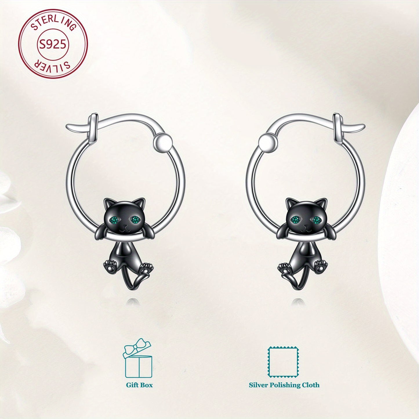 925 Sterling Silvery Black Cat Ear Dangle Earrings - Cute Cartoon Cat Design, Hypoallergenic Synthetic Stone, No Power Needed, Perfect for Daily Wear & Gift Giving, Cat Accessories, Casual Jewelry, Minimalist Jewelry, Durable Jewelry
