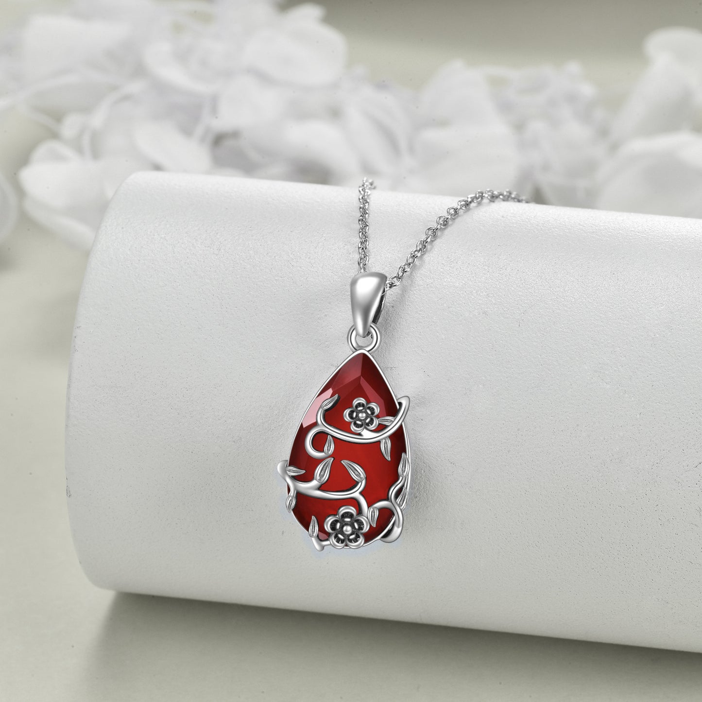 Vintage Flower Necklace S925 Sterling Silvery Red Faux Agate Pendant Faux Artificial Crystal Restoration Fine Jewelry Women's Gifts
