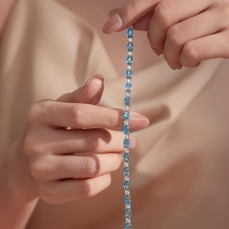 1pc 925 pure Silvery fashionable luxury men and women Silvery sea blue artificial crystal bracelet pure Silvery tennis bracelet charming, Women's Silvery bracelet, unique design, fashionable product, perfect gift for her, a beautiful gift box