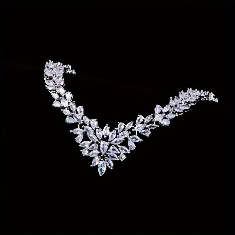 A 925 Sterling Silver Fashion Zirconia Flower Jewelry Set For Women, Necklace Earrings Set For Women'S Wedding Party Jewelry Gifts - With Gift Box