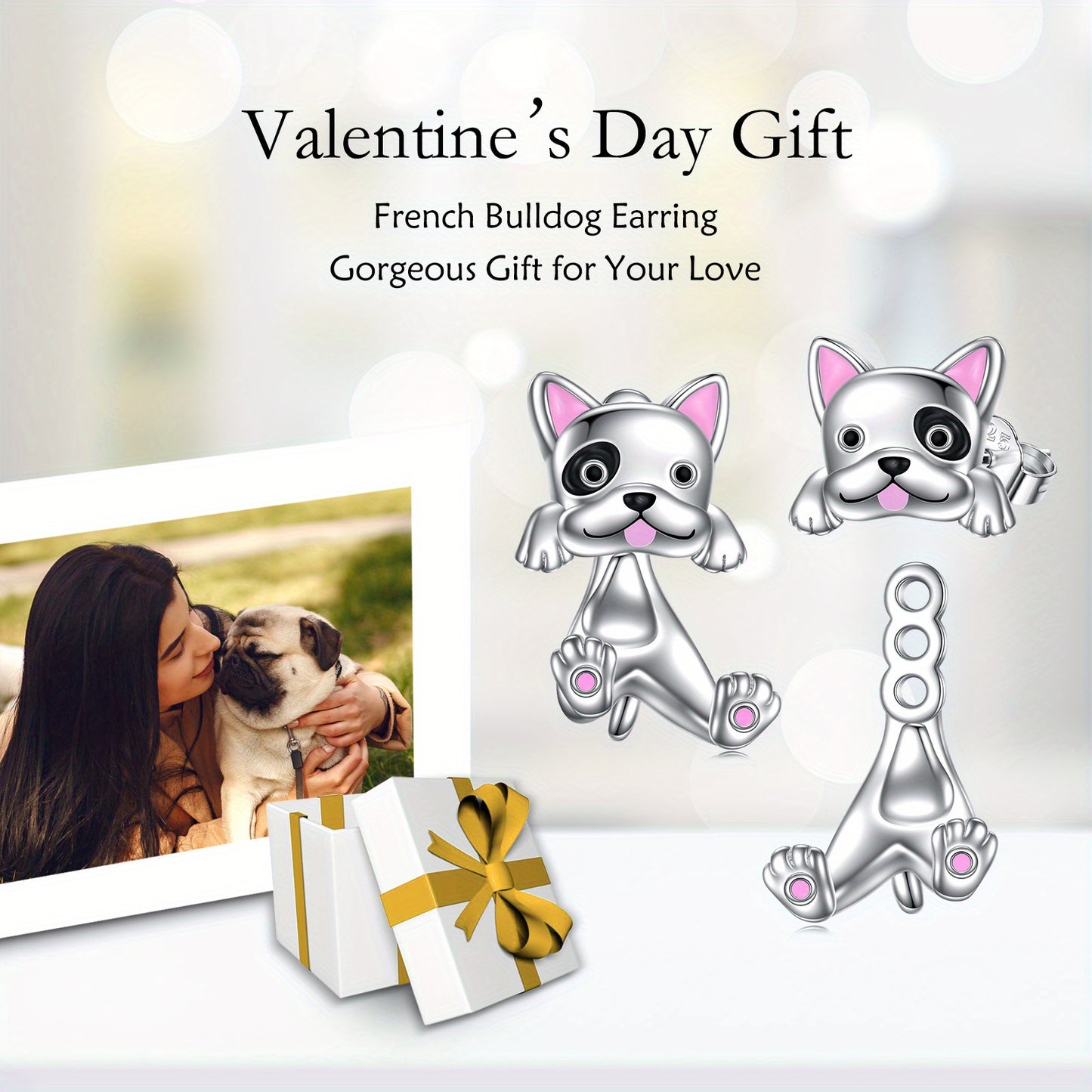 925 Sterling Silvery French Bulldog Dangle Earrings - Dual Layered Design, Synthetic Stone, Platinum Plated, All-Season Versatile Jewelry for Daily Wear & Gifting, Cute Earrings