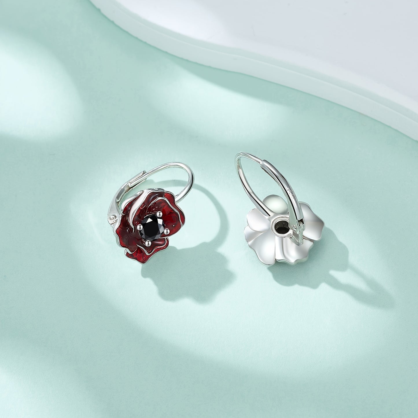 925 Sterling Silver Poppy Earrings Red Flower Earrings Leverback Earrings Poppy Jewelry