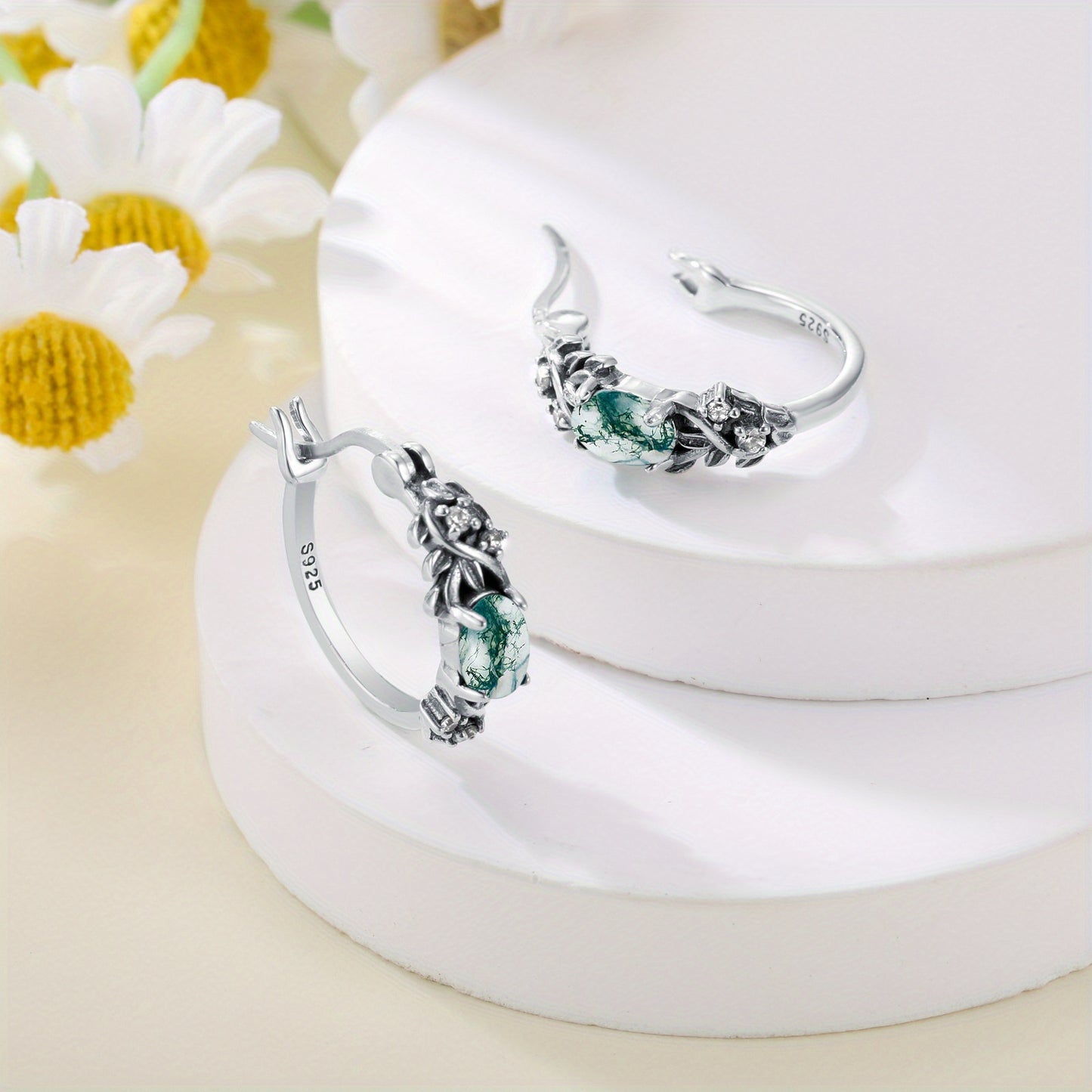 Vintage Leaf Moss Agate Hoop Earrings 925 Sterling Silver Oval Green Moss Agate with Retro Leaf Hoop Earrings for Women Gifts