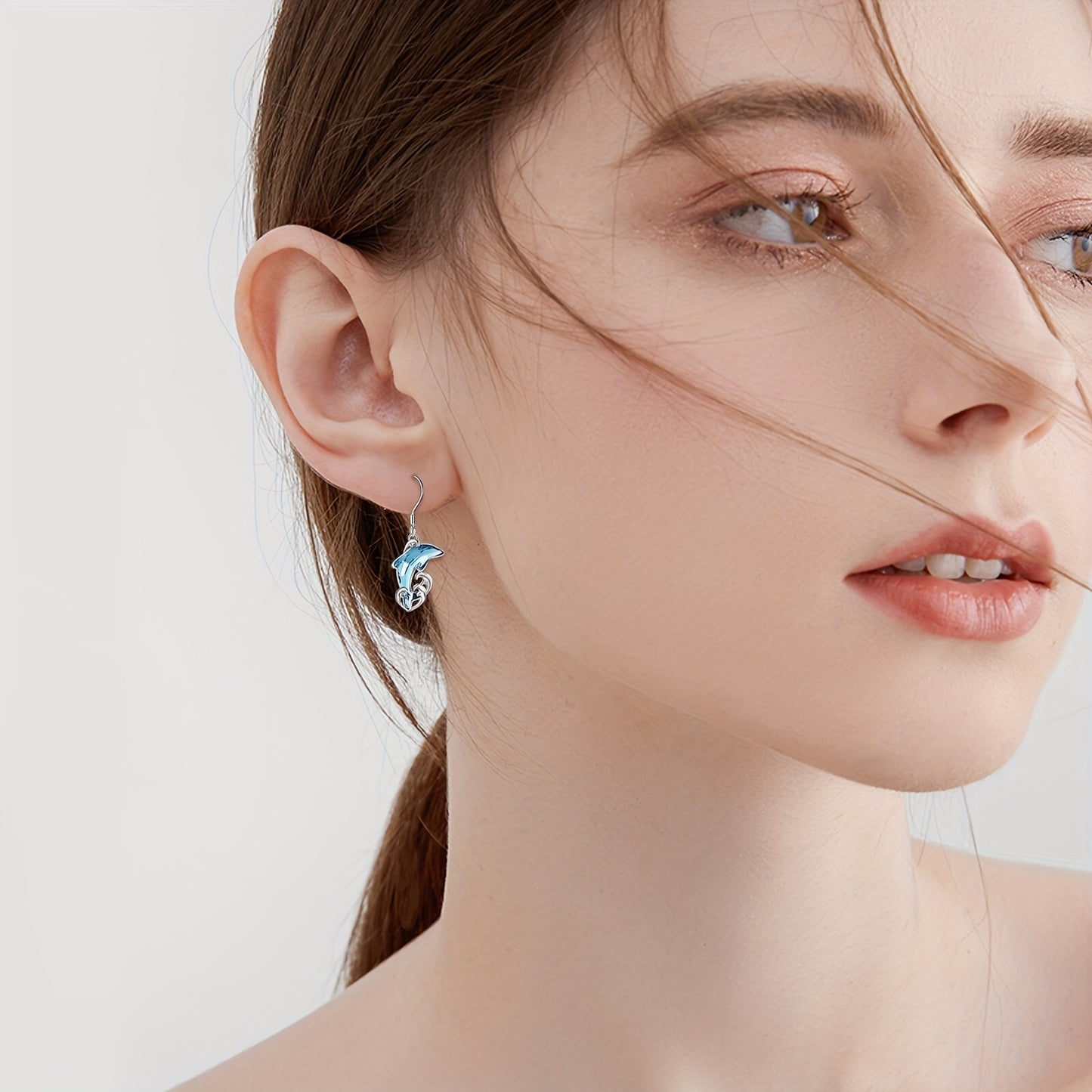 925 Pure Silvery Artificial Crystal Dolphin Pendant Earrings