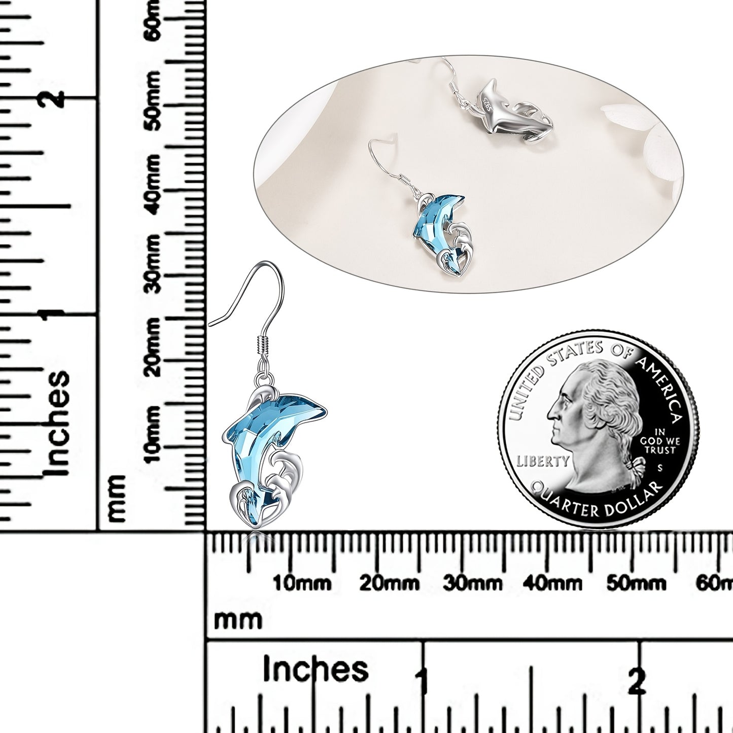 925 Pure Silvery Artificial Crystal Dolphin Pendant Earrings