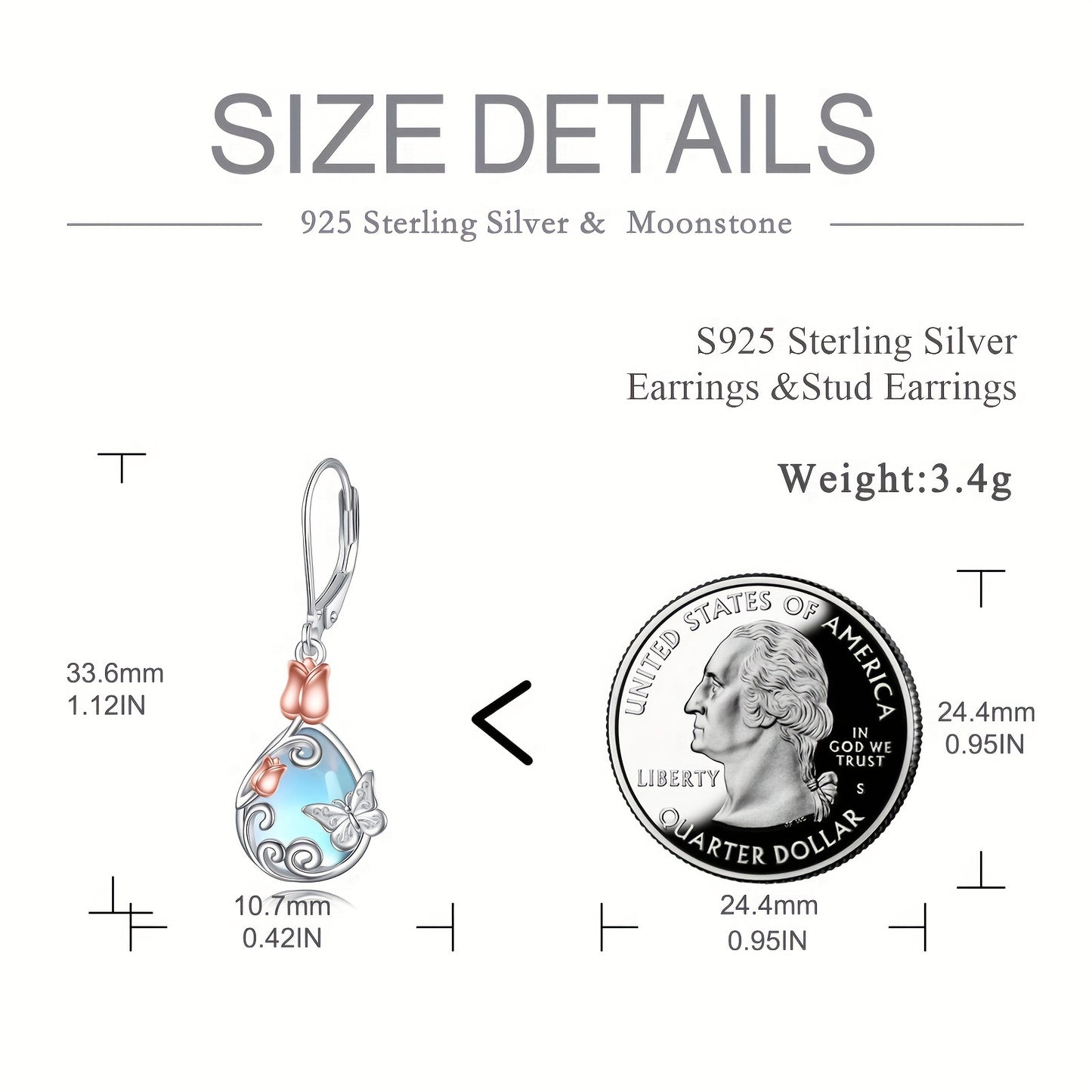 Butterfly Leverback Earrings 925 Sterling Silver Rose Flower Filigree Dangle Earrings Teardrop Moonstone Jewelry Birthday Gifts For Women