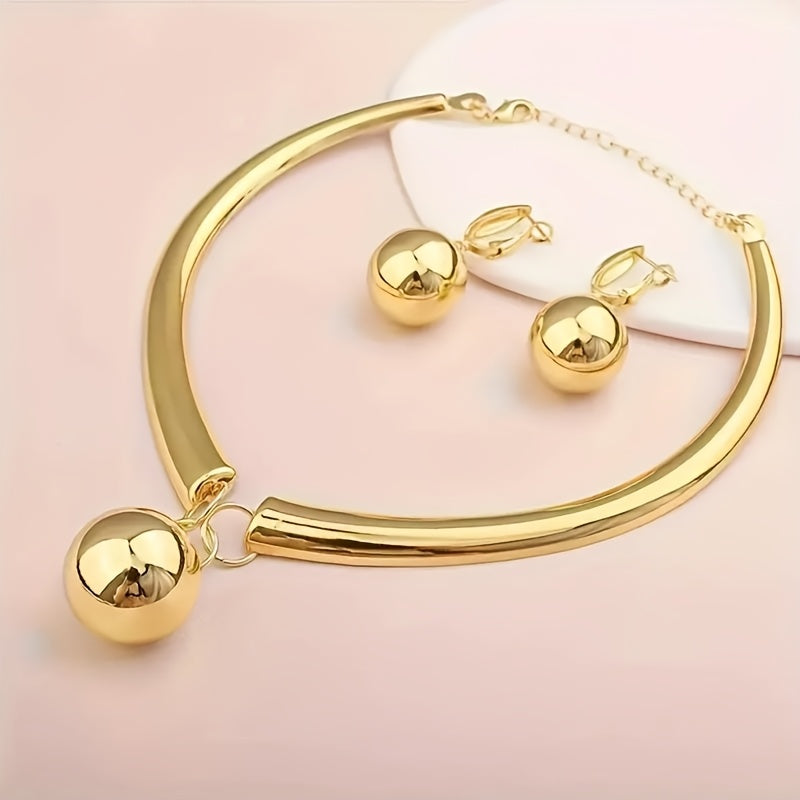 Elegant Boho-Chic 18K Gold-Plated Jewelry Set - Sleek Spherical Design Necklace & Earrings with Lobster Claw Clasp, Ideal for Daily Wear & Parties - Gift Box Included