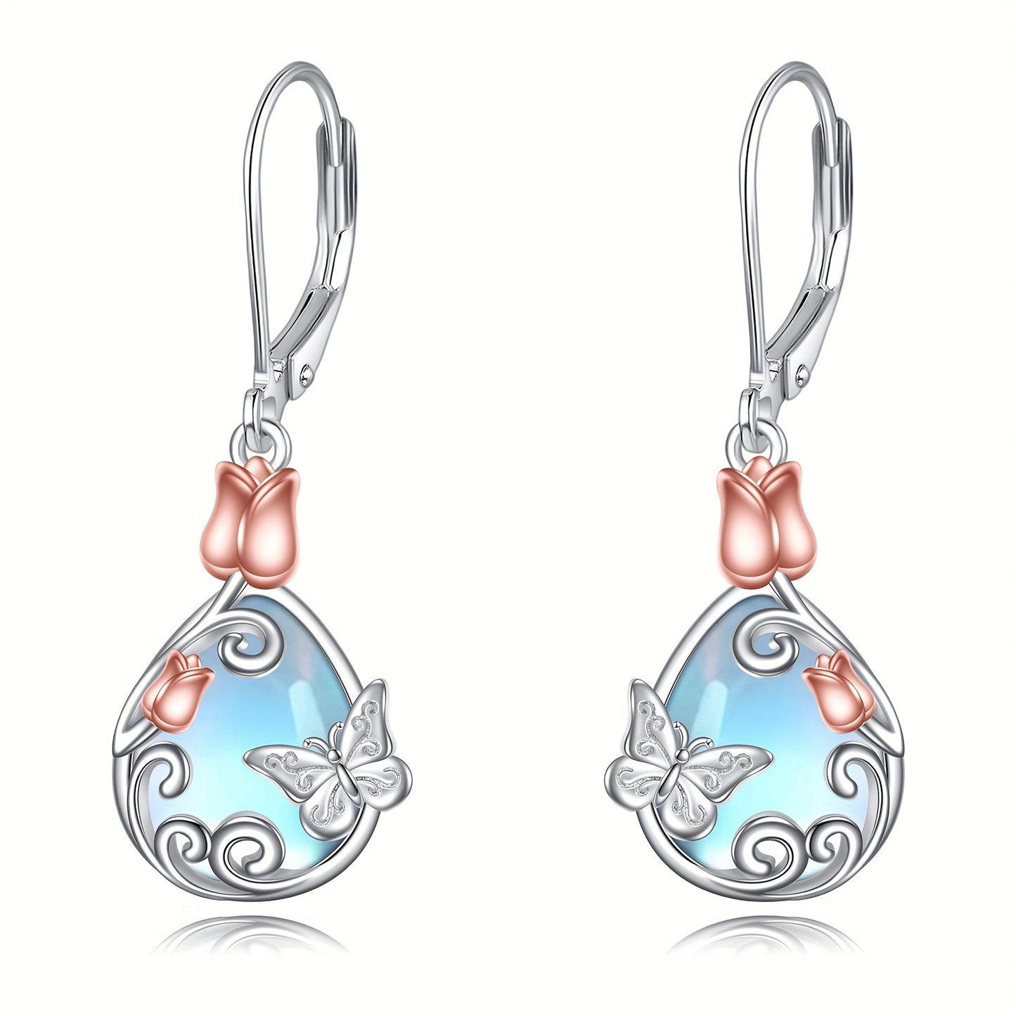 Butterfly Leverback Earrings 925 Sterling Silver Rose Flower Filigree Dangle Earrings Teardrop Moonstone Jewelry Birthday Gifts For Women
