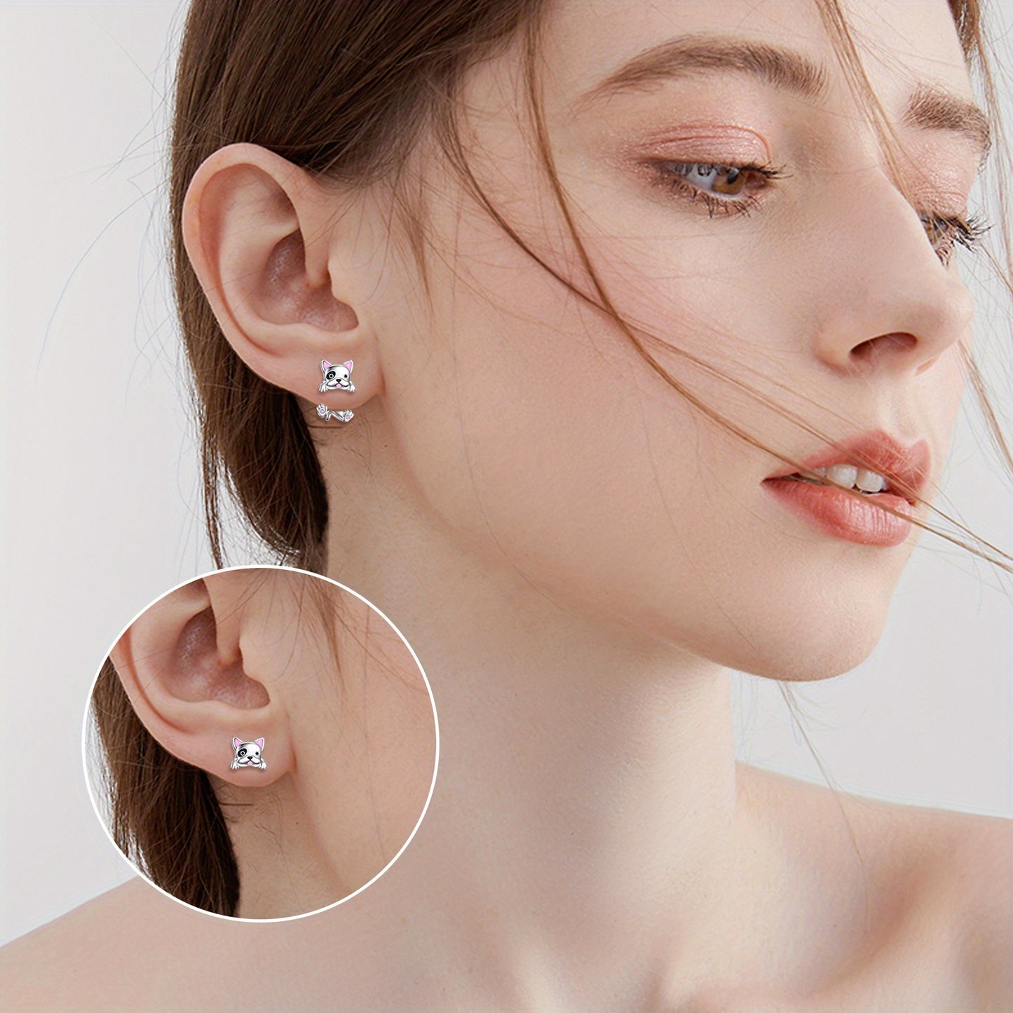 925 Sterling Silvery French Bulldog Dangle Earrings - Dual Layered Design, Synthetic Stone, Platinum Plated, All-Season Versatile Jewelry for Daily Wear & Gifting, Cute Earrings