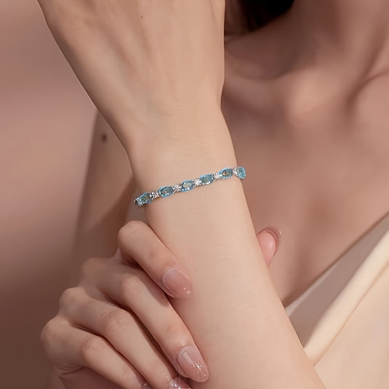 1pc 925 pure Silvery fashionable luxury men and women Silvery sea blue artificial crystal bracelet pure Silvery tennis bracelet charming, Women's Silvery bracelet, unique design, fashionable product, perfect gift for her, a beautiful gift box