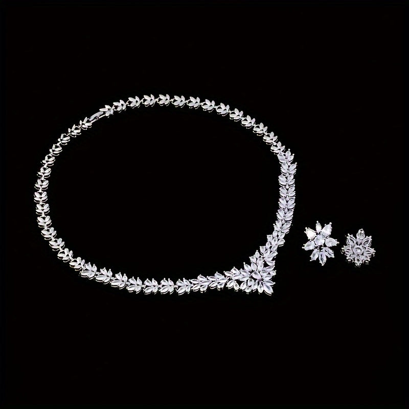 A 925 Sterling Silver Fashion Zirconia Flower Jewelry Set For Women, Necklace Earrings Set For Women'S Wedding Party Jewelry Gifts - With Gift Box