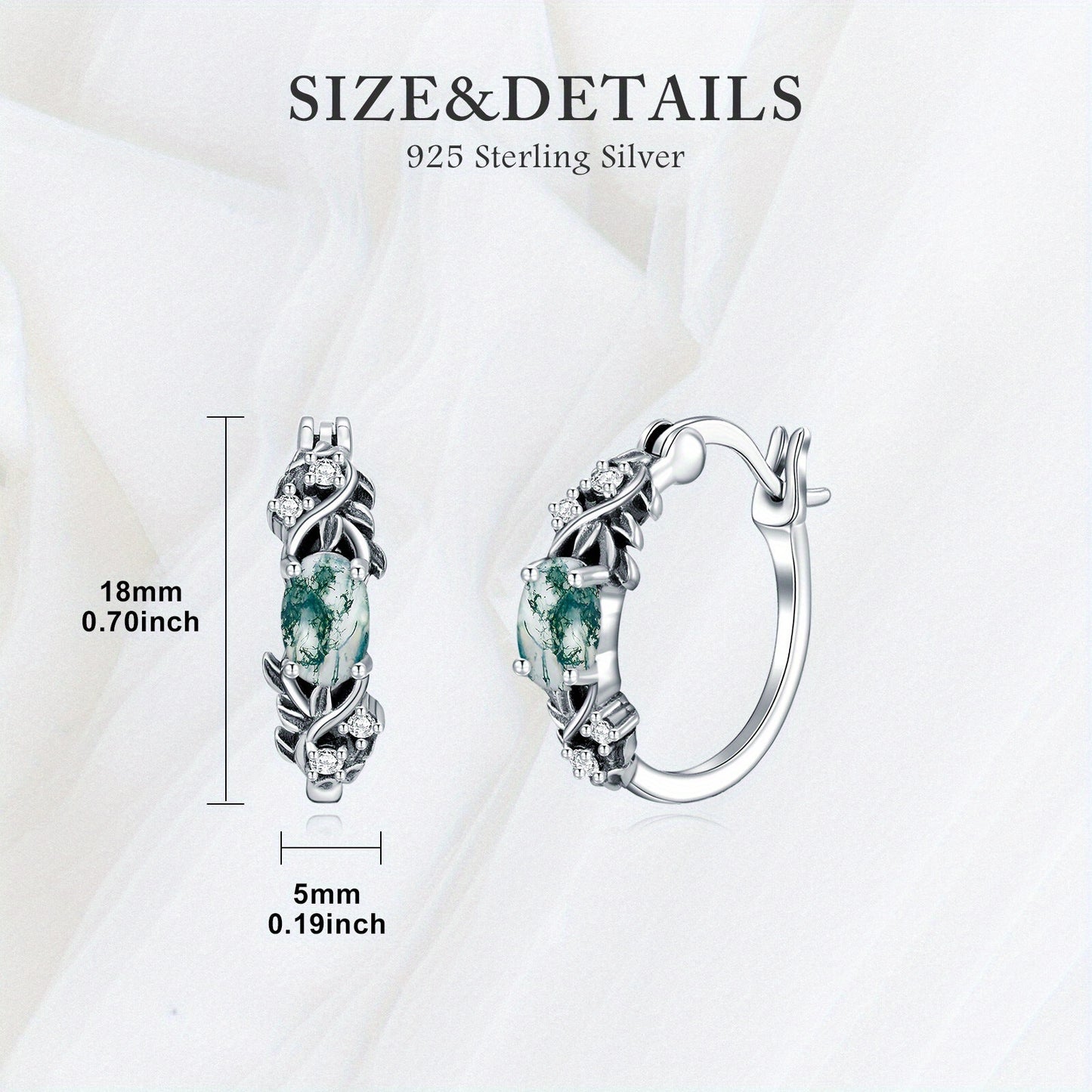 Vintage Leaf Moss Agate Hoop Earrings 925 Sterling Silver Oval Green Moss Agate with Retro Leaf Hoop Earrings for Women Gifts