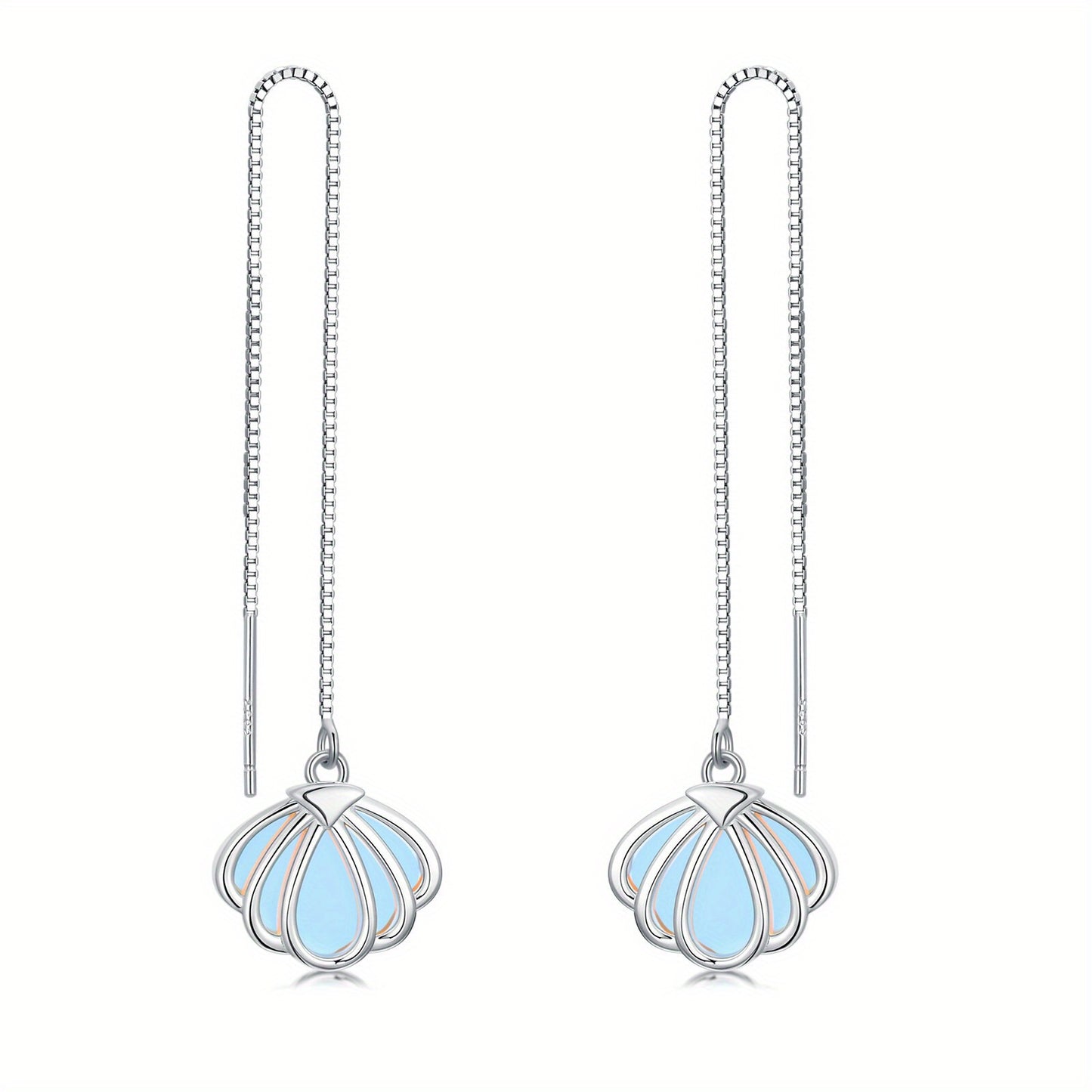 Sea Shell with Moonstone Threader Earrings 925 Sterling Silver Moonstone with Shell Long Chain Earrings for Women Gifts
