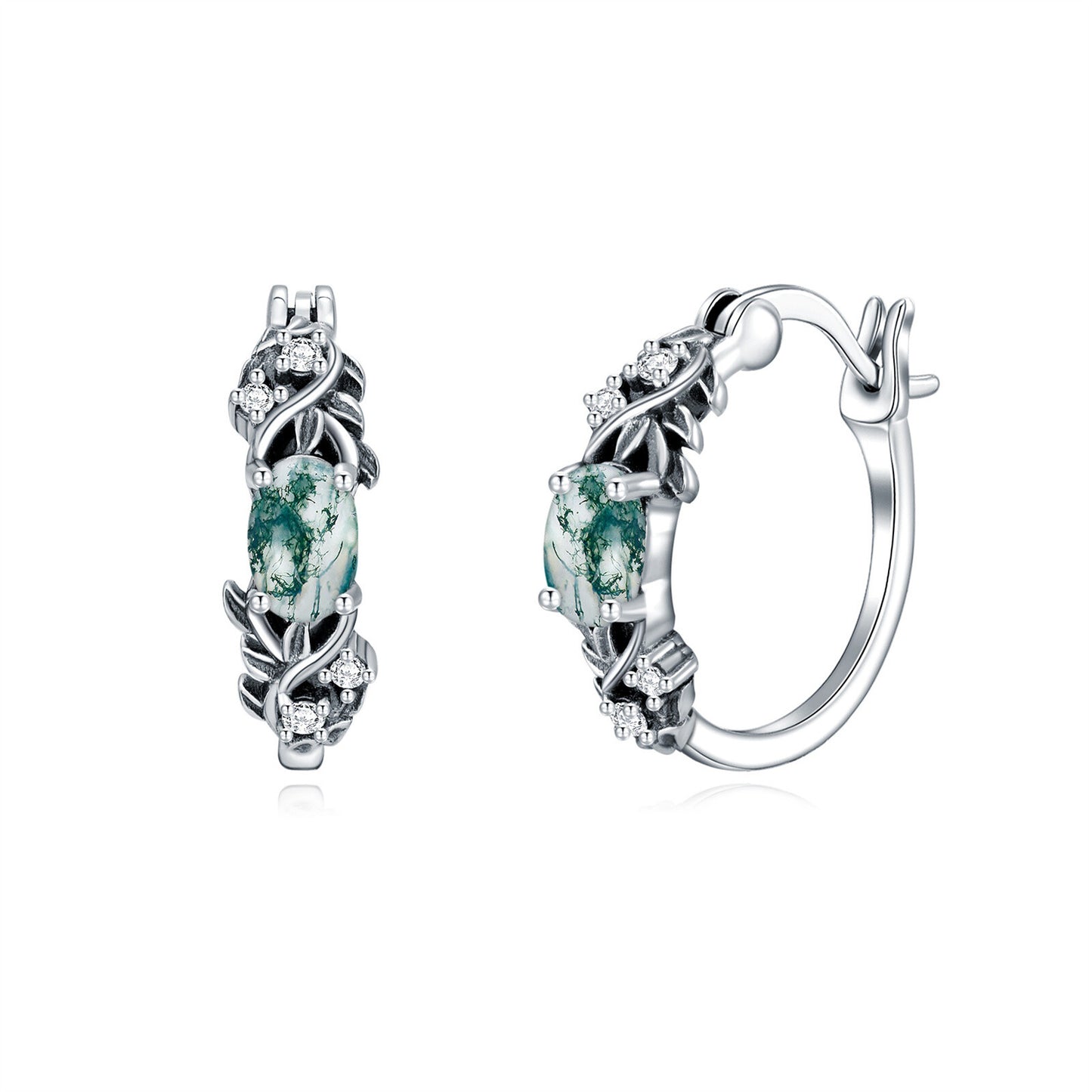 Vintage Leaf Moss Agate Hoop Earrings 925 Sterling Silver Oval Green Moss Agate with Retro Leaf Hoop Earrings for Women Gifts