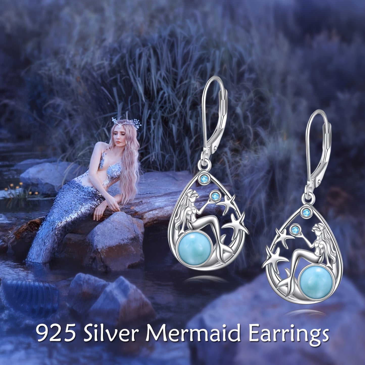 Mermaid Larimar Earrings For Women Sterling Silver Beach Earrings