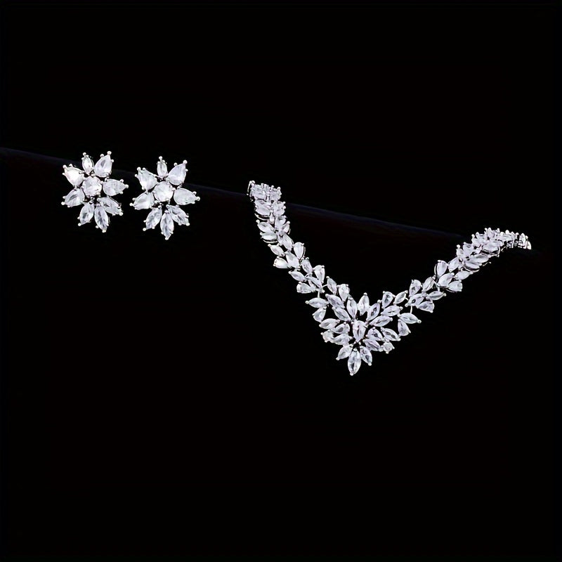 A 925 Sterling Silver Fashion Zirconia Flower Jewelry Set For Women, Necklace Earrings Set For Women'S Wedding Party Jewelry Gifts - With Gift Box