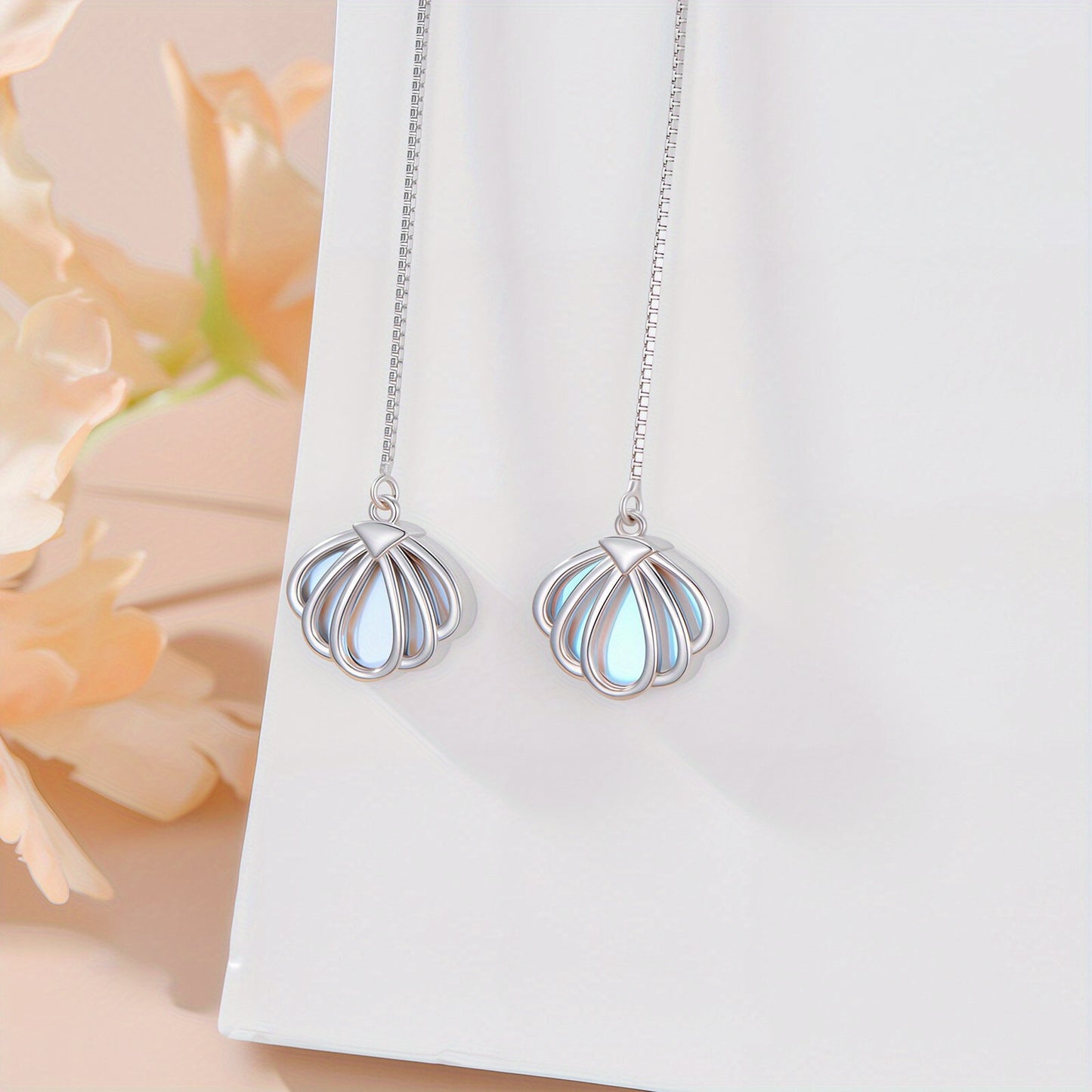 Sea Shell with Moonstone Threader Earrings 925 Sterling Silver Moonstone with Shell Long Chain Earrings for Women Gifts