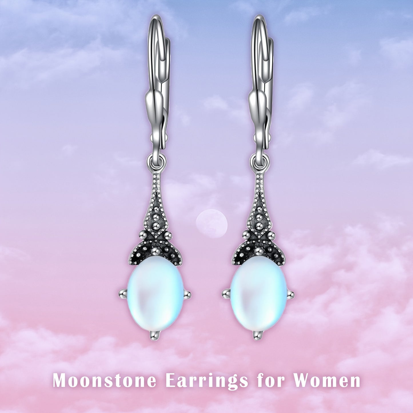 Moonstone Earrings 925 Sterling Silver Vintage Leverback Drop Dangle Earrings with June Birthstone Earrings