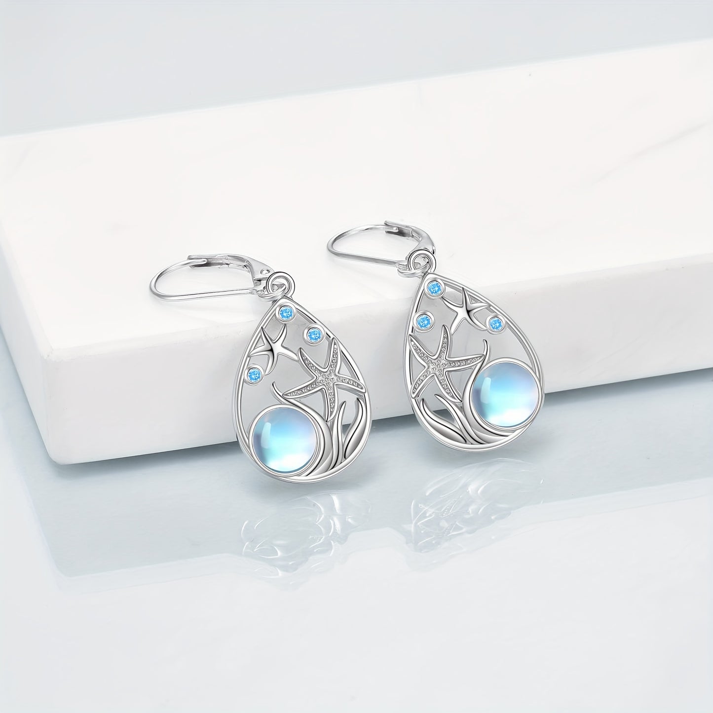 925 Sterling Silvery Starfish Moonstone Earrings Pair, Fashionable and Elegant Summer Beach Earrings, Individual Item