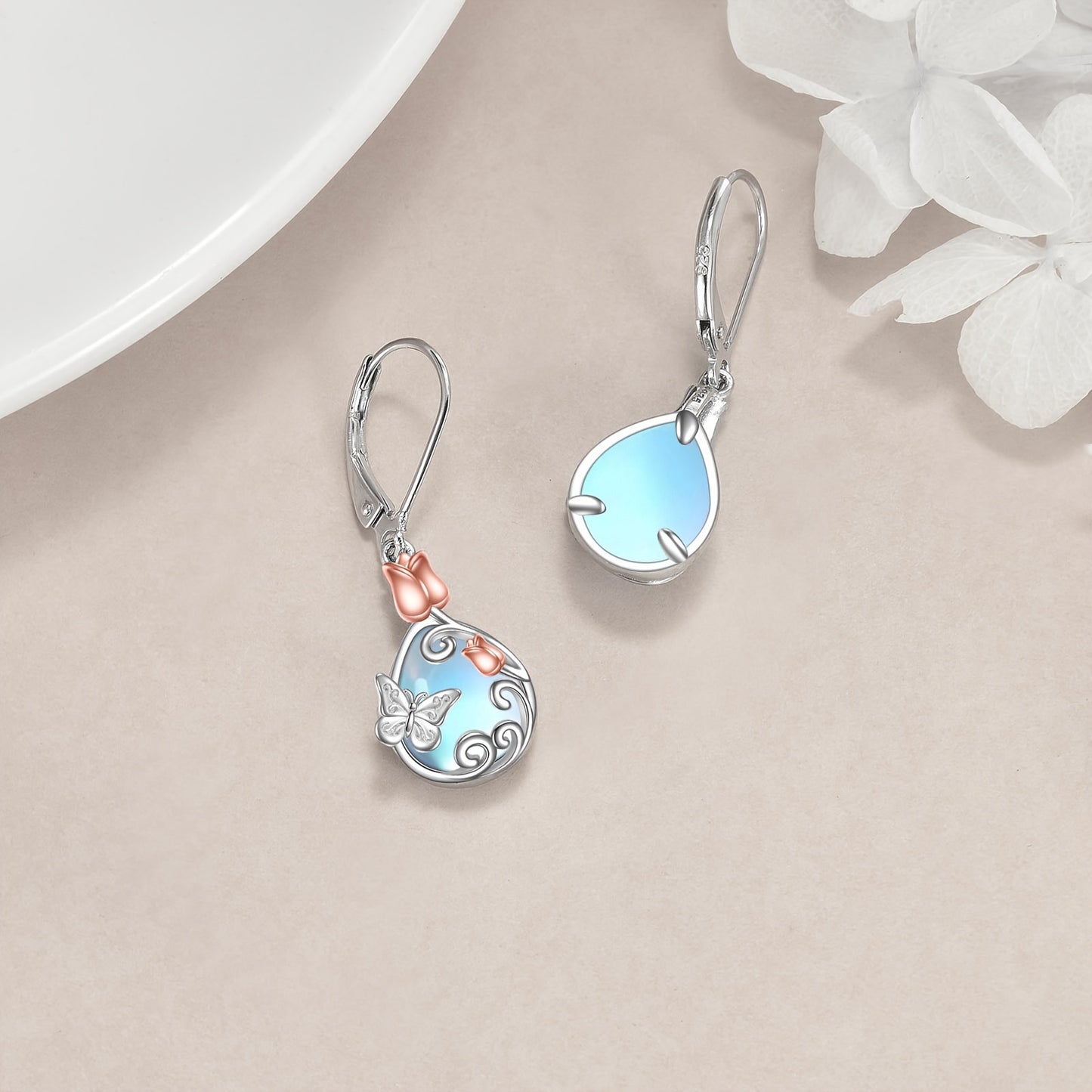 Butterfly Leverback Earrings 925 Sterling Silver Rose Flower Filigree Dangle Earrings Teardrop Moonstone Jewelry Birthday Gifts For Women
