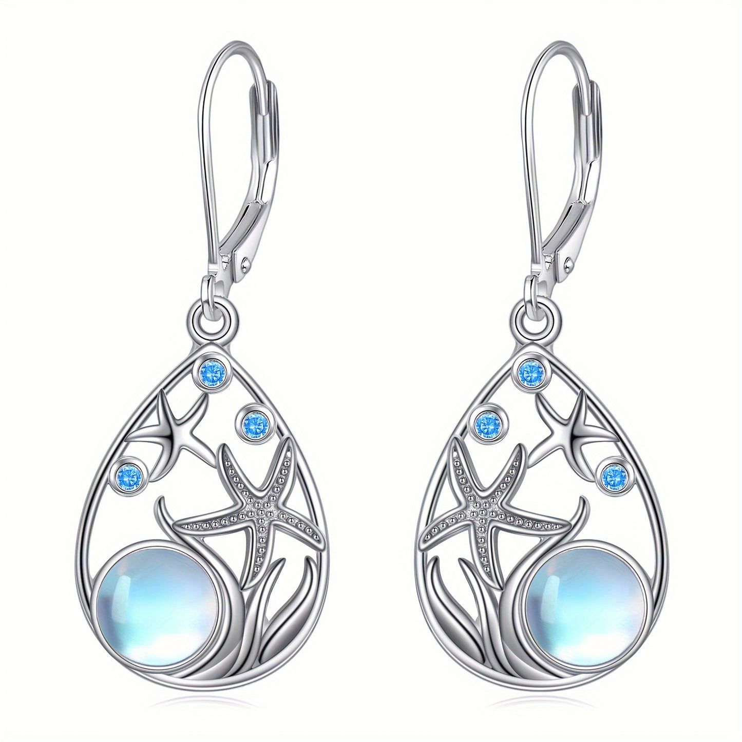 925 Sterling Silvery Starfish Moonstone Earrings Pair, Fashionable and Elegant Summer Beach Earrings, Individual Item
