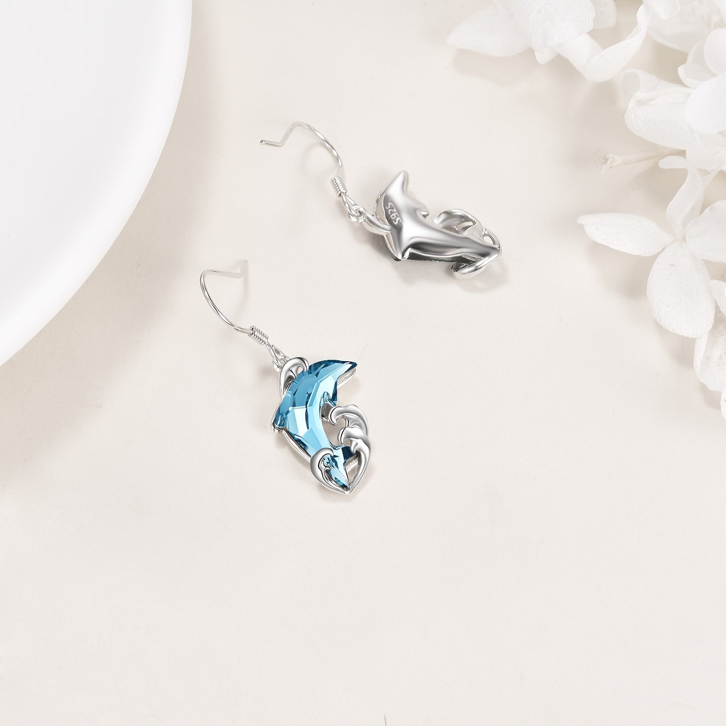 925 Pure Silvery Artificial Crystal Dolphin Pendant Earrings