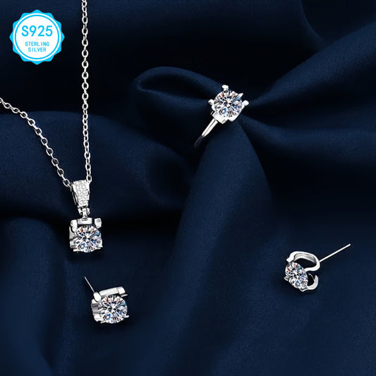 925 Sterling Silver Moissanite Jewelry Set, Easter Gifts for Women, Luxury Necklace Earrings Ring Set, Hypoallergenic Nickel Free, Party Wedding Jewelry | Elegant Gifts for Mom Wife Her