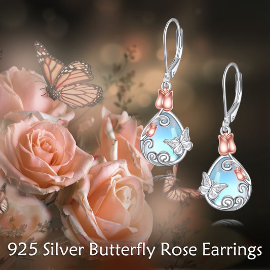 Butterfly Leverback Earrings 925 Sterling Silver Rose Flower Filigree Dangle Earrings Teardrop Moonstone Jewelry Birthday Gifts For Women