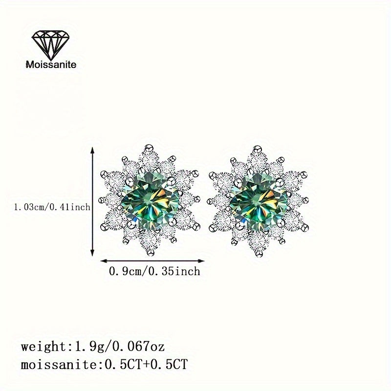 1-Carat Blue Green Moissanite Snowflake Earrings for Women, Valentine'S Day, Christmas, Halloween, New Year Gift, Daily Vacation Party Wedding Bride Light Luxury Versatile Women'S Earrings Jewelry Weight: 1, 68g/0, 059oz
