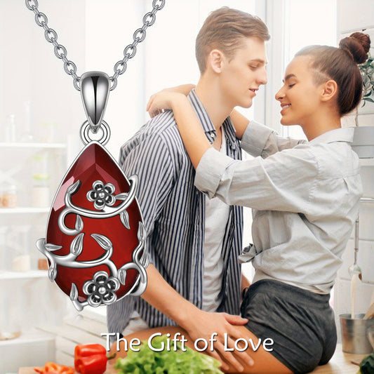 Vintage Flower Necklace S925 Sterling Silvery Red Faux Agate Pendant Faux Artificial Crystal Restoration Fine Jewelry Women's Gifts