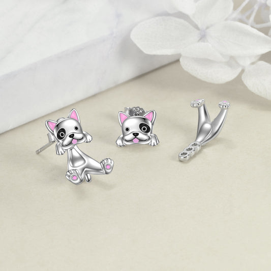 925 Sterling Silvery French Bulldog Dangle Earrings - Dual Layered Design, Synthetic Stone, Platinum Plated, All-Season Versatile Jewelry for Daily Wear & Gifting, Cute Earrings