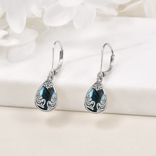 Labradorite Filigree Teardrop Drop Dangle Earrings Sterling Silvery Leverback Earrings Jewelry