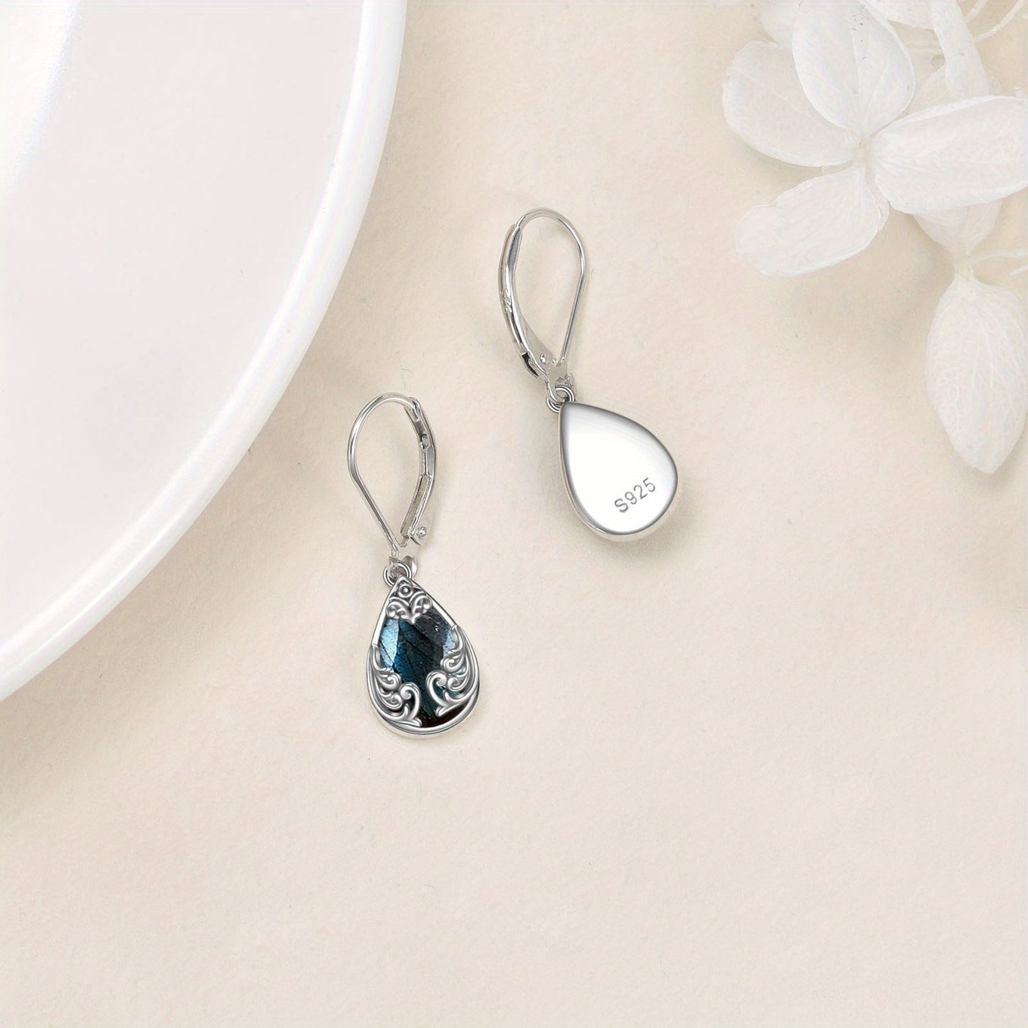 Labradorite Filigree Teardrop Drop Dangle Earrings Sterling Silvery Leverback Earrings Jewelry