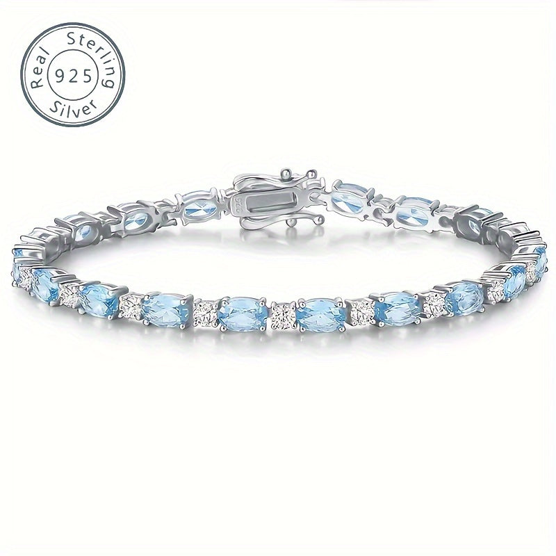 1pc 925 pure Silvery fashionable luxury men and women Silvery sea blue artificial crystal bracelet pure Silvery tennis bracelet charming, Women's Silvery bracelet, unique design, fashionable product, perfect gift for her, a beautiful gift box