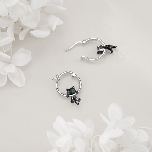 925 Sterling Silvery Black Cat Ear Dangle Earrings - Cute Cartoon Cat Design, Hypoallergenic Synthetic Stone, No Power Needed, Perfect for Daily Wear & Gift Giving, Cat Accessories, Casual Jewelry, Minimalist Jewelry, Durable Jewelry