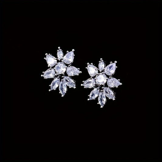 A 925 Sterling Silver Fashion Zirconia Flower Jewelry Set For Women, Necklace Earrings Set For Women'S Wedding Party Jewelry Gifts - With Gift Box